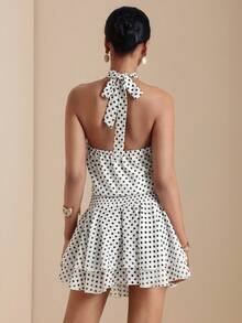 SHEIN Veneréa Romantic Tropical Vacation Metal Buckle Decor White With Black Polka Dots Print Halter Sleeveless Ruffled Hem Patchwork Flowy Dress For Women Summer - Black and White - View 2