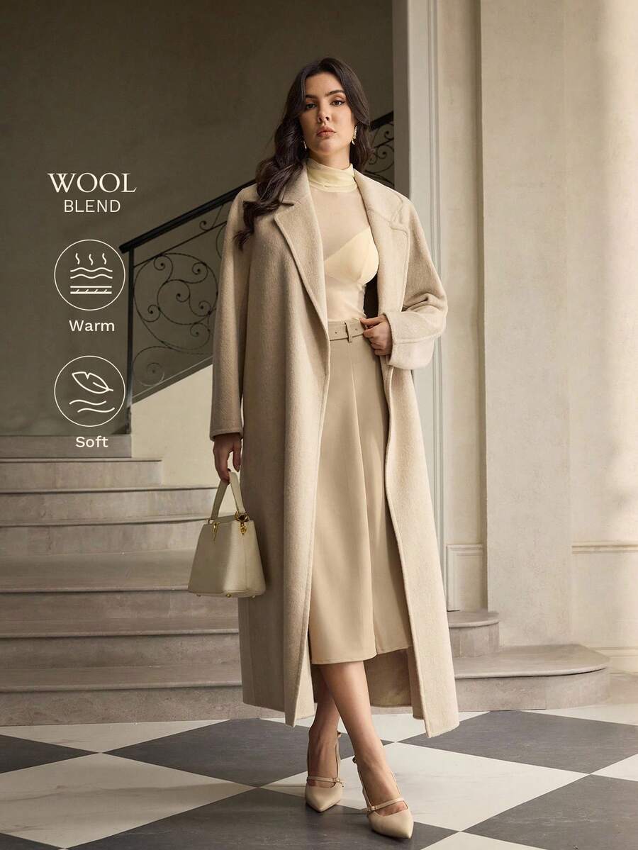 ZEYLAH Women's Autumn/Winter Classic Lapel NeckLong Sleeve Long Cashmere Coat - Beige - View 1