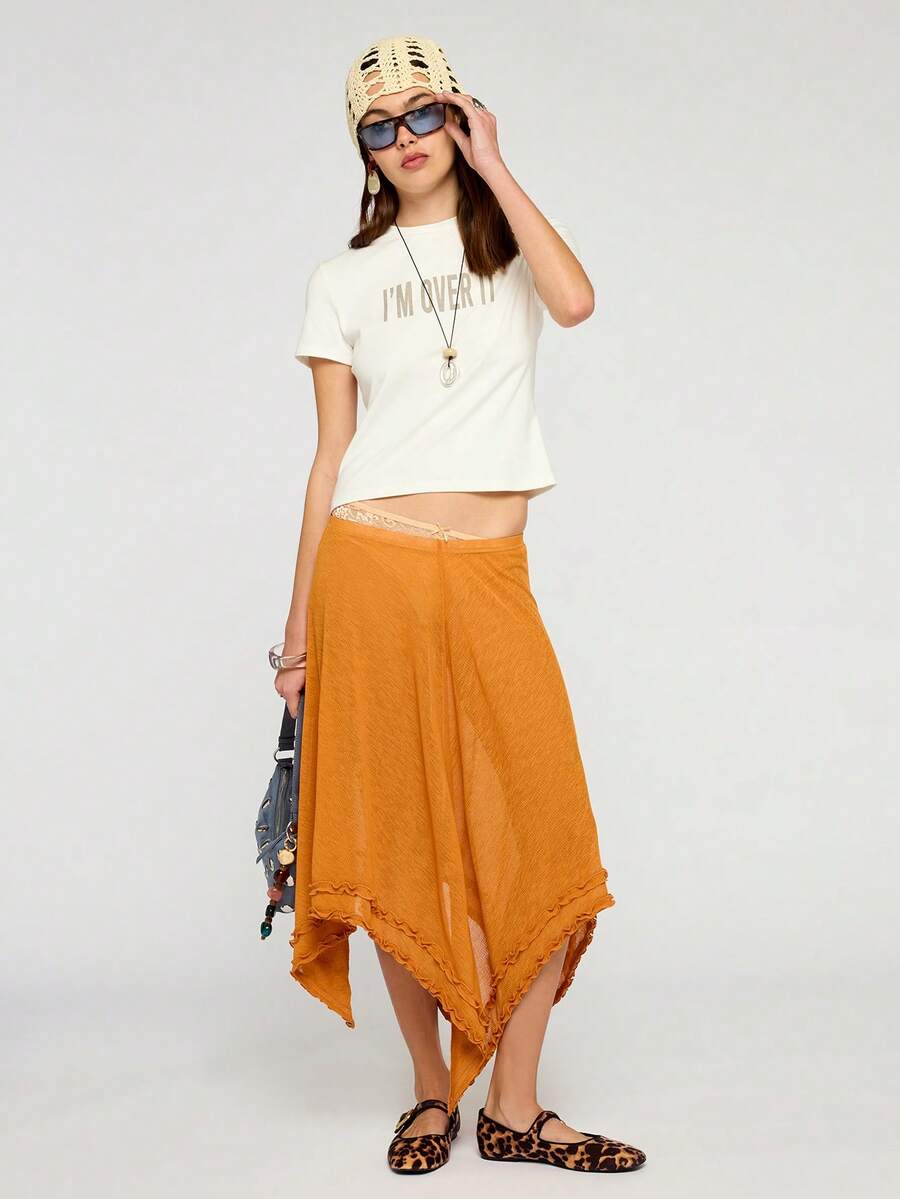COUREZ Falda midi con volantes y bajo de pañuelo transparente / Conjuntos de verano Y2K para mujer Faldas de ganchillo Faldas largas Faldas de verano Atuendos para salir Atuendos de festival Ropa de verano para mujer - Naranja - Ver 1