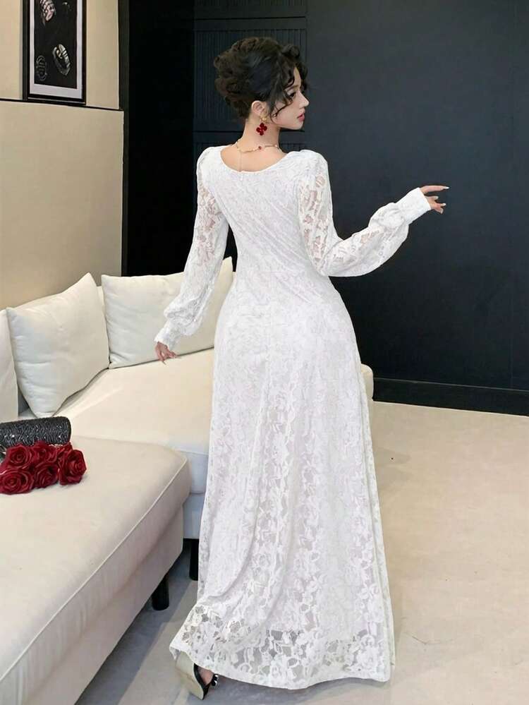 Women's Elegant Solid Color 3D Floral Ruffled Neck Lantern Sleeve Waist Cinched Long Dress