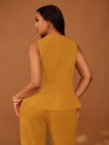 Veslaya Plus Size Women's Mustard Yellow,Summer,Elegant,Semi Formal,Work V-Neck Camisole Top And Pants Set,Boho Wedding Guest Party Graduation Vacation Outfit - Mustard Yellow - View 8