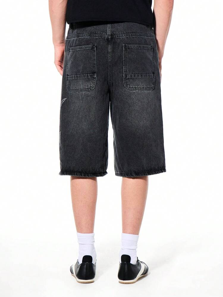 Graphic Denim Shorts Rhinestone Dragon Print Design Wide Leg Loose Fit Summer Casual Streetwear