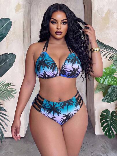 Maweii Plus Size 2Pcs Sexy Brown Palm Tree Print Tie-Front Bikini Set For Women, Summer Beach