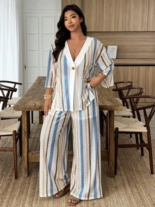SHEIN LUNE Damen Große Größen 2-teiliges Set aus lockerem, lässigem Urlaubs-Homewear mit Cut Out, strukturierter Streifenoptik und Holzknöpfen, für Frühling/Sommer - Verschiedenfarbig - Übersicht 5