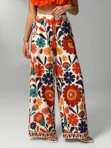 SHEIN Tall CURVE CURVE Plus Size Women's Tall Floral Print Drawstring High-Waisted Wide Leg Pants,Beige Summer Boho Beach Holiday Casual Loose Outfits For Long Legs - Multicolor - View 4
