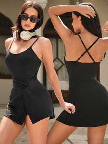 Fluxe Women's Solid Color Fitted Sleeveless Twist Front Mini Dress, Chic Black Summer Holiday Outfits, Date Vacation Night Spring Sportswear Workout Gym Set - Black - View 3