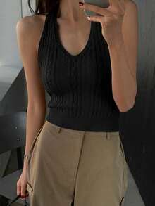 DAZY Women's Solid Color Fitted Halter Casual Street Sleeveless Sweater Vest Y2k Summer - Black - View 6
