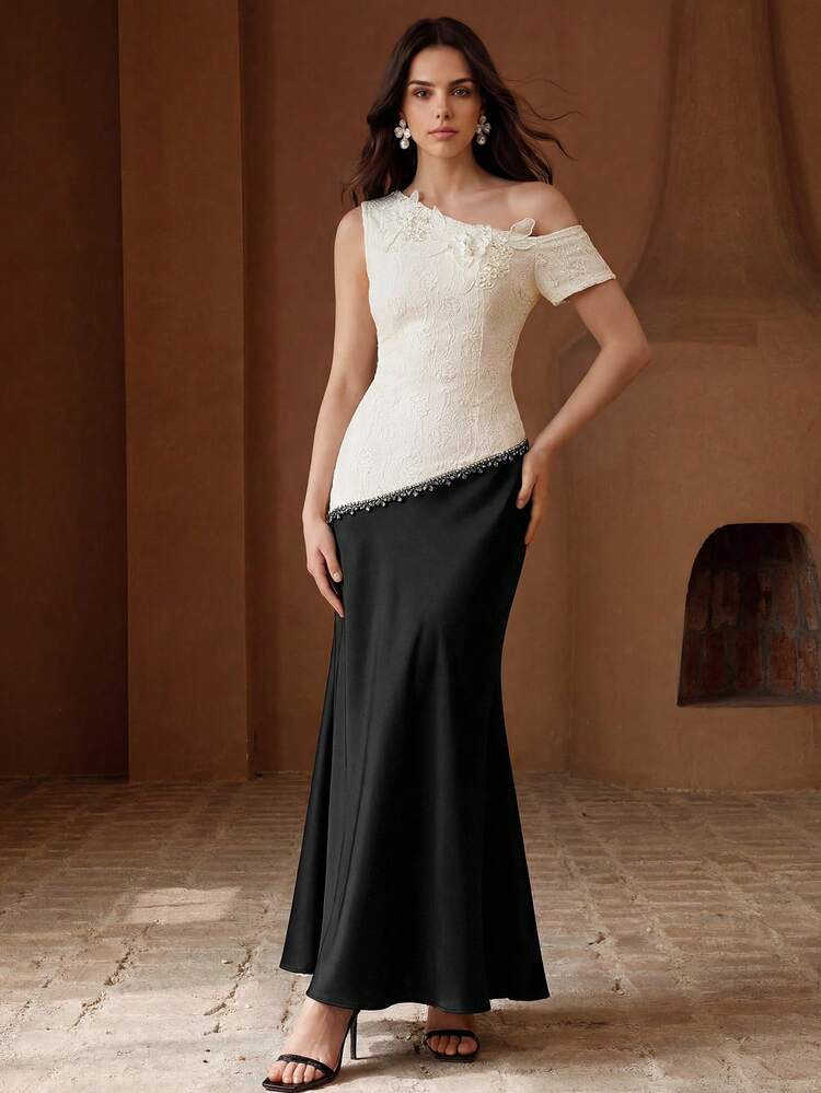 Women's Elegant Asymmetric Shoulder Contrast Color Applique Dress, Holiday Party Mermaid Dress