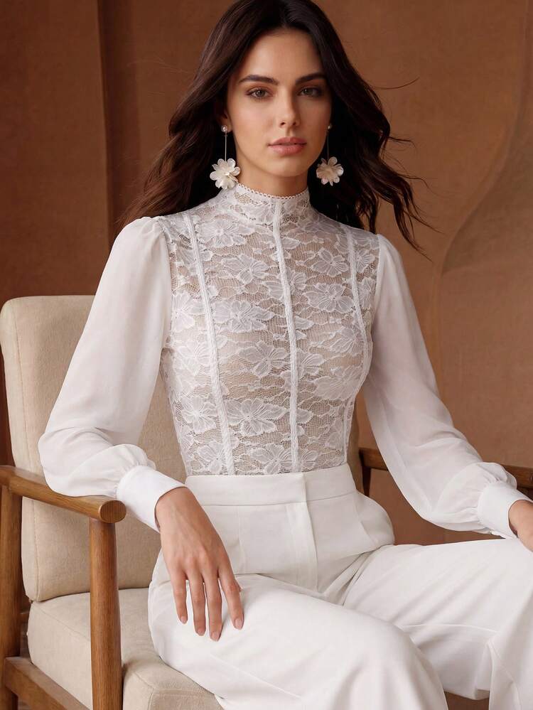 Women's New Elegant Sexy Party Mandarin Collar Sheer Floral Splice Long Sleeve Blouse