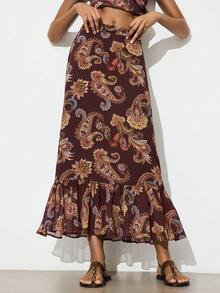 SHEIN Maija Women's Casual Paisley Print Ruffle Hem Skirt - Multicolor - View 5