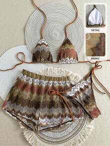 SHEIN Swim 3pcs Women Wavy Stripe Textured Sexy Halter Bikini Set, Summer Beach Vacation - Multicolor - View 3