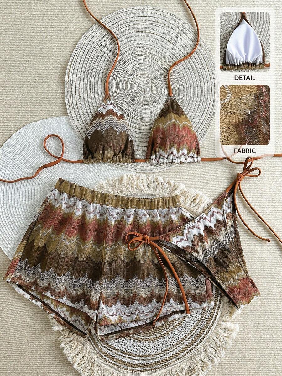 SHEIN Swim 3 件套女士波浪条纹纹理性感吊带比基尼套装，夏日海滩度假 - 彩色 - 查看 1