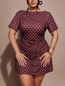 SHEIN BAE Plus Size Women's Polka Dot Short Dress, White Polka Dot Polka Dot, Inclusive,Women Polka Dot Short Dress Round Neck Short Sleeve Casual Casual Elegant Mini DressChic Women's Polka Dot Boat Neck Short Sleeve Mini Dress For Everyday StyleStylish Women's Round Neck Polka Dot Mini Dress Short Sleeve For Outings Brunch Holiday Summer - Multicolor - View 6