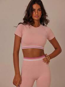 Aralina Women's Striped Raglan Short Sleeve Cropped T-Shirt And Leggings Sports Suit - Pink - View 7