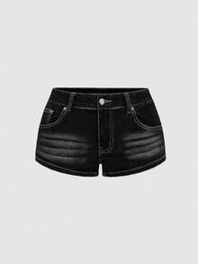 ROMWE Grunge Punk Spring/SummergraphicY2K Retro Washed Pocket UK Flag Print Super Low Waist Denim Shorts - Black - View 2