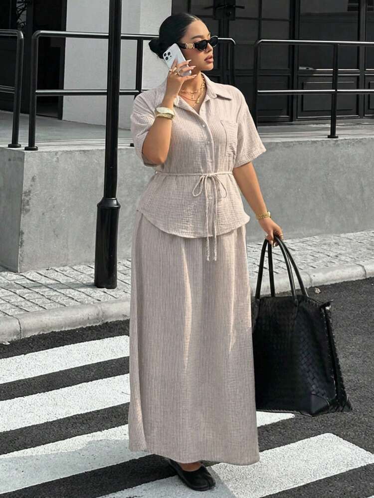 Dazy Plus Spring & Summer Casual Vacation Tie-Waist Striped Shirt Top And Skirt 2-Piece Set, Plus Size Women Lounge Sets For Women Short Sets For Women