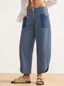 Bohemela Plus Size Casual Washed Striped Low-Waist Jeans Date Night Navy Blue Summer - Medium Wash - View 6