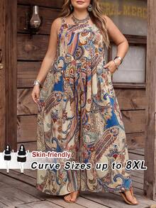 SHEIN CURVE+ 大码植物印花口袋阔腿连体裤，宽松版型，夏季服装，女士度假/波西米亚风格 - 藍色 - 查看 4