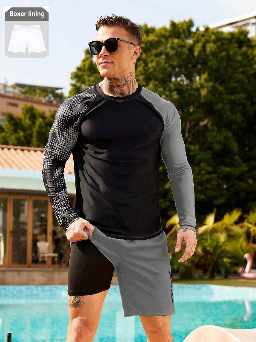 Manfinity KASUA 2pcs/Set Men's Contrast Color Raglan Sleeve Top & Shorts Swimsuit, Hawaiian, Holiday - Multicolor - View 1