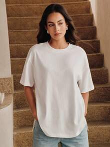 Anewsta Asymmetric Design Loose Fit Short Sleeve Top With Solid Front And Lace Back Panel - White - View 5