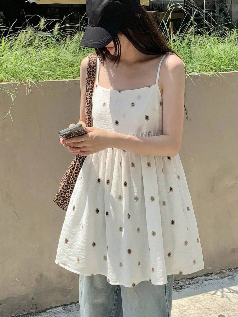 DAZY 女款夏季度假休閒刺繡長版吊帶上衣圖案T恤 - 白色 - 查看 1