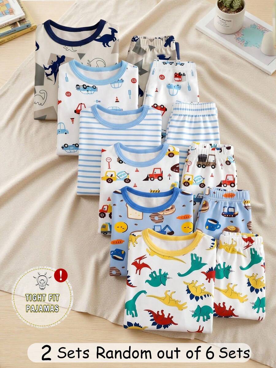 SHEIN [Bộ 6 món, giao ngẫu nhiên 2 món] Bộ đồ ngủ bé trai, hàng mới về mùa xuân/hè, họa tiết thời trang bán chạy: Khủng long, Cá mập, Ô tô, Phi hành gia, Phương tiện giao thông, chất liệu vải dệt kim co giãn cao, tay ngắn và quần dài, gồm 2 áo ngủ + 2 quần ngủ (giao ngẫu nhiên) - Nhiều màu - Xem 1
