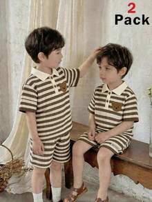 2 pièces Ensemble de chemise polo rayée à col et short kaki pour jeunes garçons, tenue décontractée, sport, rue, mignonne, vacances. Convient pour les tenues de jeunes garçons, les fêtes d'anniversaire, les soirées, les représentations, les mariages, les baptêmes, les cérémonies d'ouverture. Convient pour un usage quotidien, l'école, les voyages, les sports, les saisons de printemps et d'été. - Kaki - Voir 5