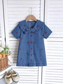 SHEIN 少女樱桃刺绣蓝色牛仔领连衣裙 - 深色水洗藍 - 查看 10