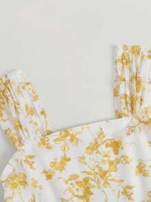 Girlism Teen Girls' Blue & White Floral Print Ruched Waist A-Line Mesh Overlay Spaghetti Strap Vacation Dress, Spring/Summer - Yellow - View 5