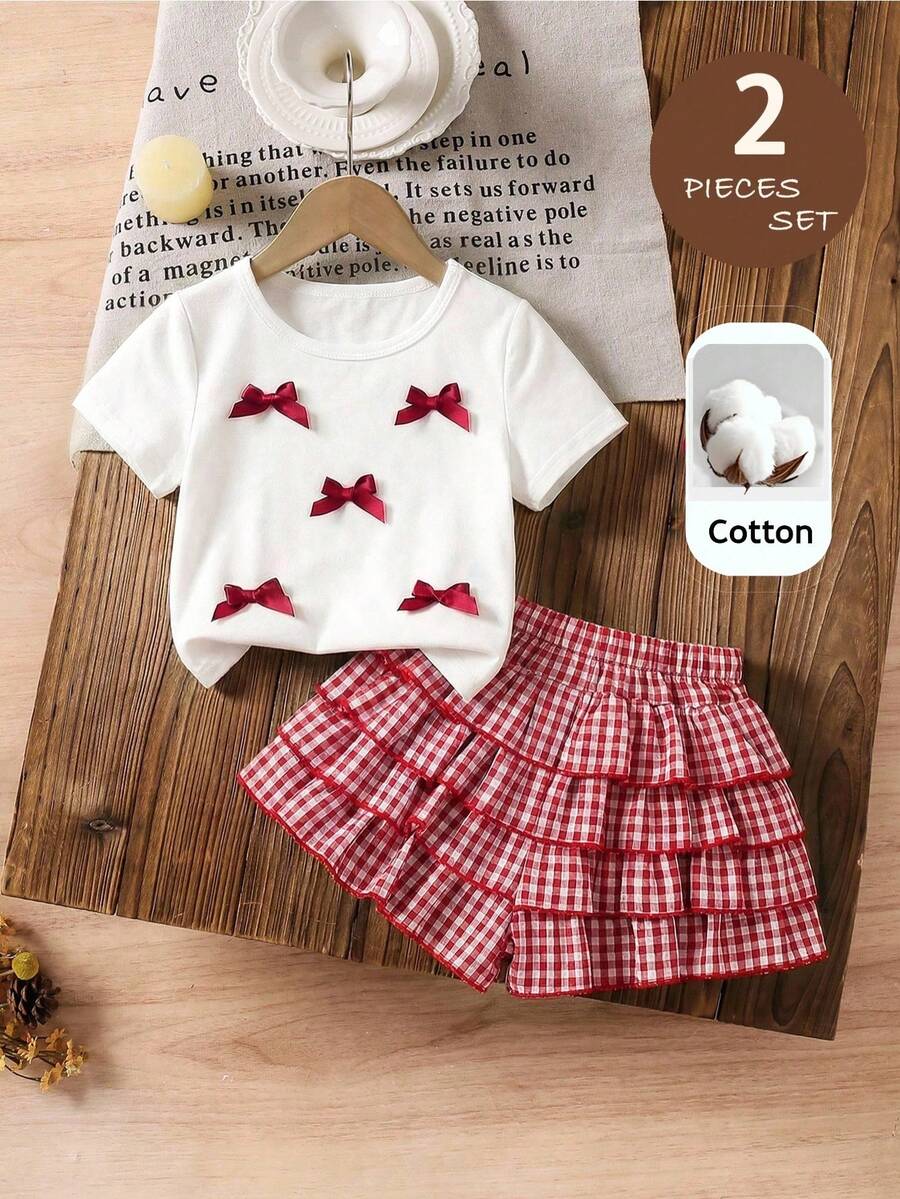 SHEIN LMoss Kids 2pcs Young Girl Knitted Solid Color Round Neck T-Shirt And Plaid Ruffle Hem Shorts Set - Multicolor - View 1