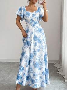SHEIN Elenzya 女士玫瑰碎花褶皱前片荷叶袖腰部A字连衣裙，魅力优雅休闲度假通勤性感时尚约会法式街头复古百搭春夏红白多色新款短袖长裙 - 彩色 - 查看 8