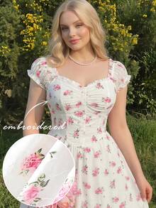 SHEIN MOD Đầm midi mùa hè tay ngắn xếp ly màu trắng in hoa thanh lịch dành cho nữ cỡ lớn - Nhiều màu - Xem 6