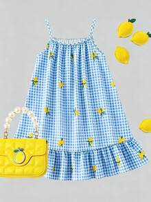 SHEIN Elladie kids 女童柠檬格子数码印花拼接荷叶边吊带连衣裙，适合夏季日常穿着、外出、旅行、度假和聚会。 - 淺藍色 - 查看 3