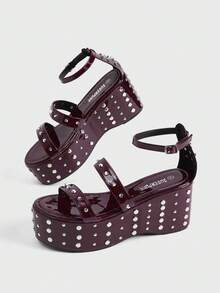 Sugerpunk Giày sandal đế cao, gót đính kim tuyến, khóa cài nhọn dành cho nữ. - Màu Đỏ Sâu - Xem 5