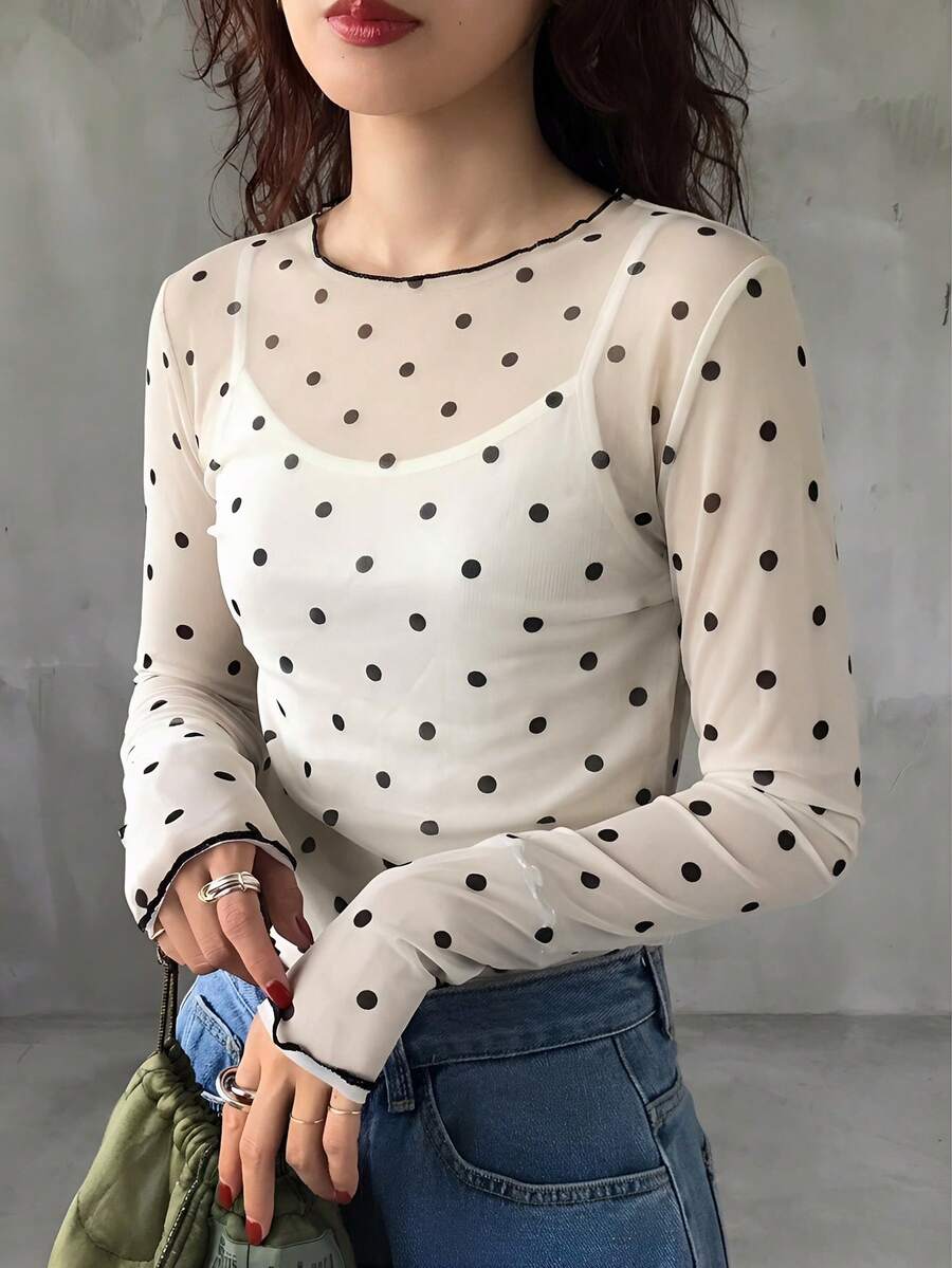 FRIFUL 女款圓點印花網紗圖案上衣 - 米色 - 查看 1