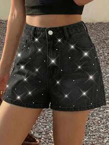 SHEIN Teen Girl Rhinestone Embellished Pocket Button Denim Shorts - White - View 3
