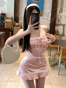 Joudiya Đầm quây bằng satin thanh lịch, ngọt ngào, buộc dây, viền bèo nhún dành cho nữ. - Hồng - Xem 10