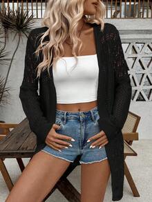 SHEIN LUNE Áo khoác cardigan dài tay nữ màu trơn, kiểu dáng casual, khoét lỗ - màu đen - Xem 5
