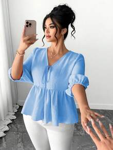 Elenzga Plus Size Women V-Neck Long Sleeve Loose Elegant Shirt With Tassel Drawstring Ruffle Hem - Baby Blue - View 7
