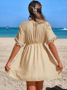 Swim Lushoire Women's V-Neck Batwing Sleeve Lace Trim Elastic Waist Bow Tie A-Line Beach Dress For Holiday - Apricot - View 2