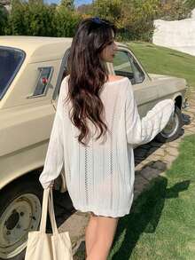 DAZY Đầm khoác ngoài cổ chữ V tay cánh dơi màu trơn dành cho nữ, thích hợp cho kỳ nghỉ hè. - trắng - Xem 4