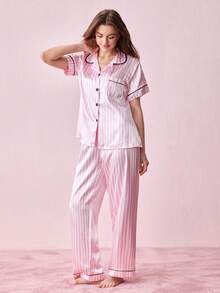 Bonmuse 3件組短袖上衣+短褲+長褲條紋印花口袋居家服套裝，女款春夏睡衣 - 彩色 - 查看 14