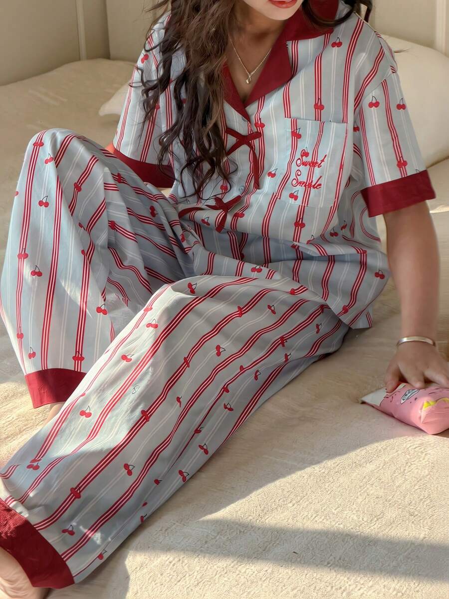 DAZY 少女樱桃撞色条纹印花翻领落肩宽松衬衫和裤子睡衣套装,春夏秋季 - 彩色 - 查看 1
