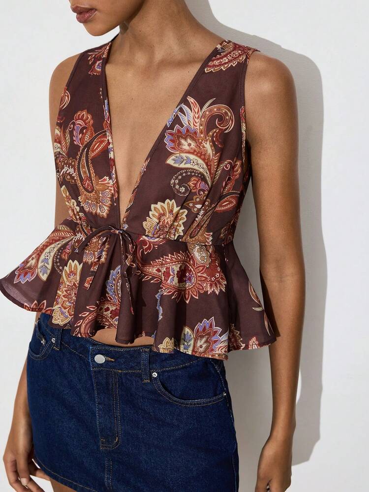 SHEIN Maija Women's Casual Paisley Print Ruffle Hem Camisole,Vacation Outfits Women