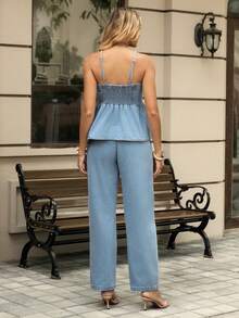 SHEIN Bộ đồ bầu không tay, chất liệu denim không co giãn, màu xanh nhạt, gồm 2 món. - Rửa nhẹ - Xem 2