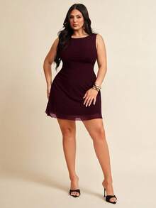 SHEIN BAE Plus Size Women Sleeveless Mesh Dress, Spring/Summer - Maroon - View 7