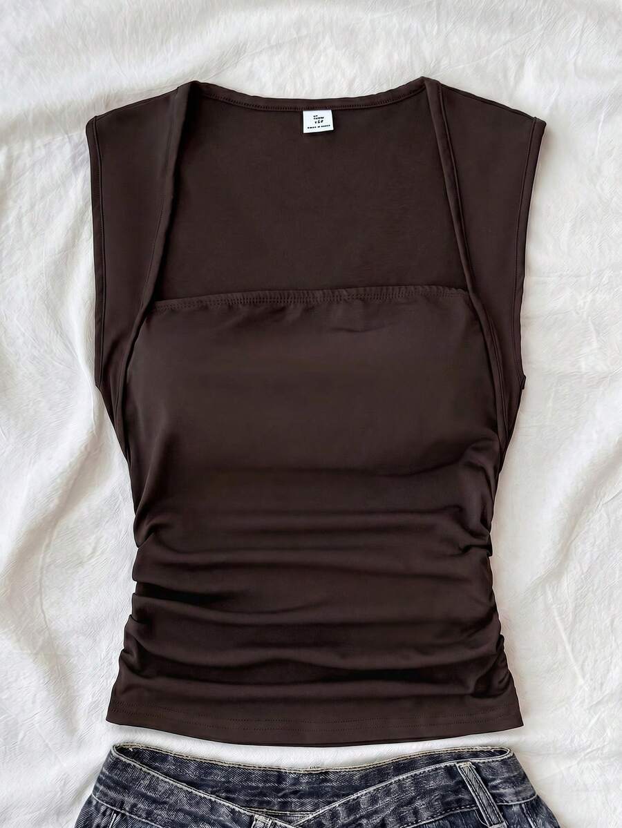 SHEIN Teen Girls T-Shirts Summer Solid Ruched Side Tank Top - Brown - View 1