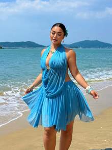 Sunnyshic 大码女士性感沙滩度假纯色垂褶深V领露背系带上衣和迷你裙两件套 - 藍色 - 查看 5