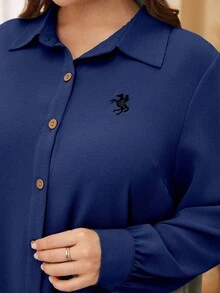 Lacomfia Camisa casual de manga larga con botones y bordado de unicolor para tallas grandes - Azul Marino - Ver 5