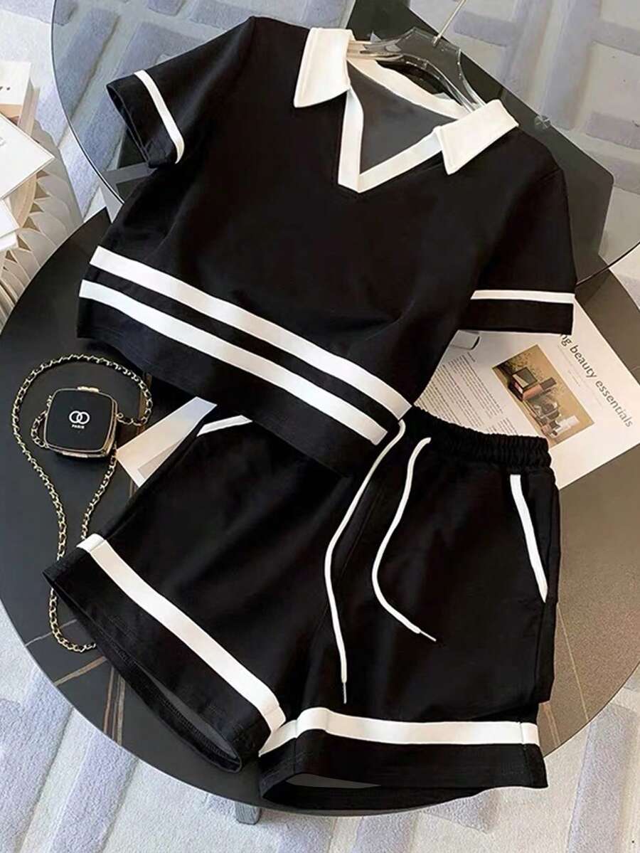 Franclia Polo Collar Raglan Short Sleeve Top + Casual Shorts Set - Black - View 1